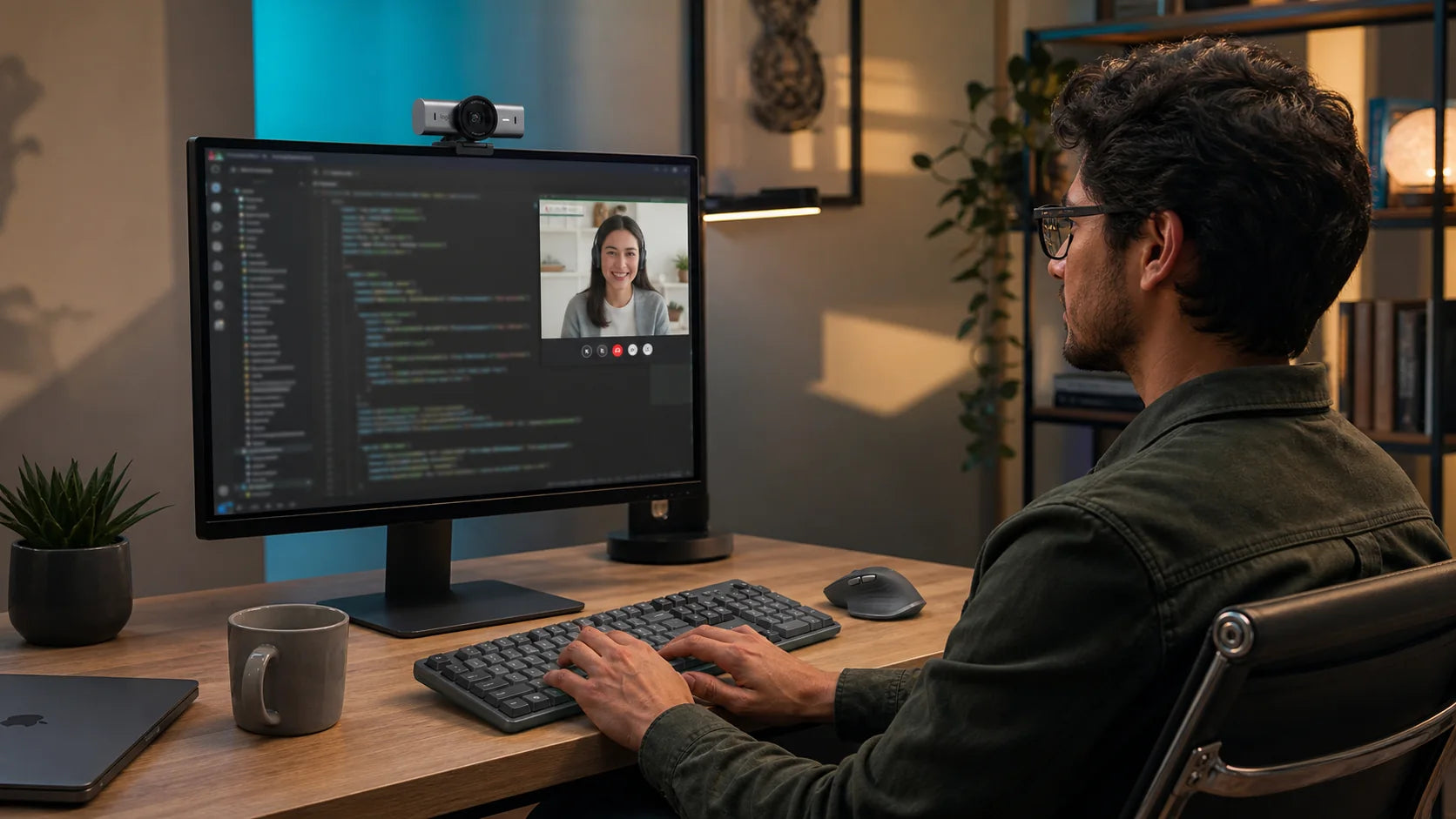 Desarrollador en videollamada con Logitech MX Brio, MX Mechanical y MX Master 3S