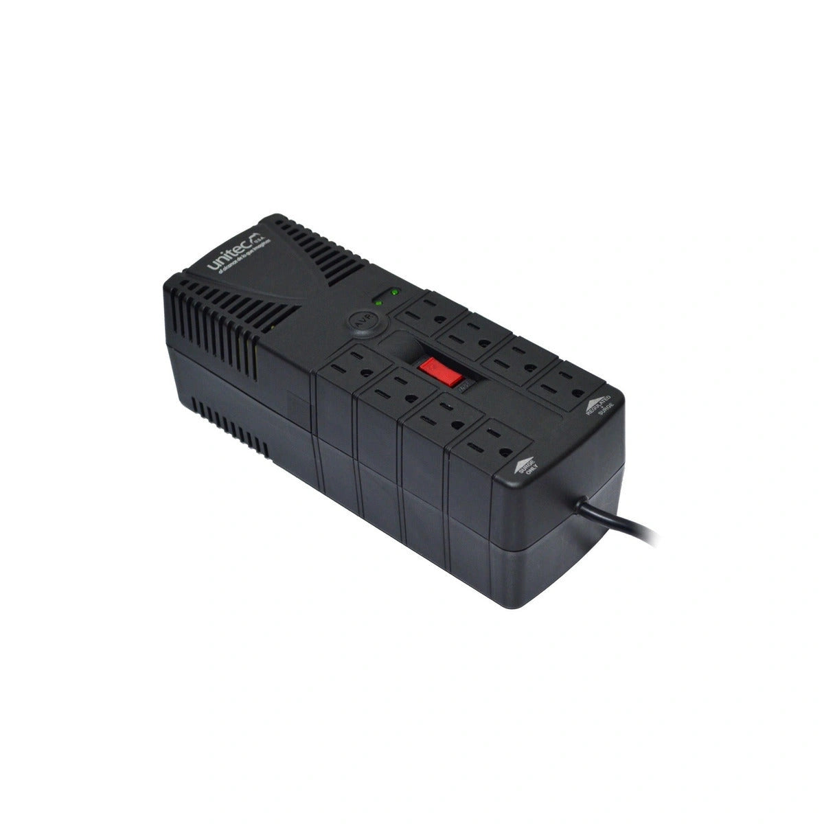 Regulador de voltaje Unitec 1200 VA con 8 tomas — fotografía técnica real 1