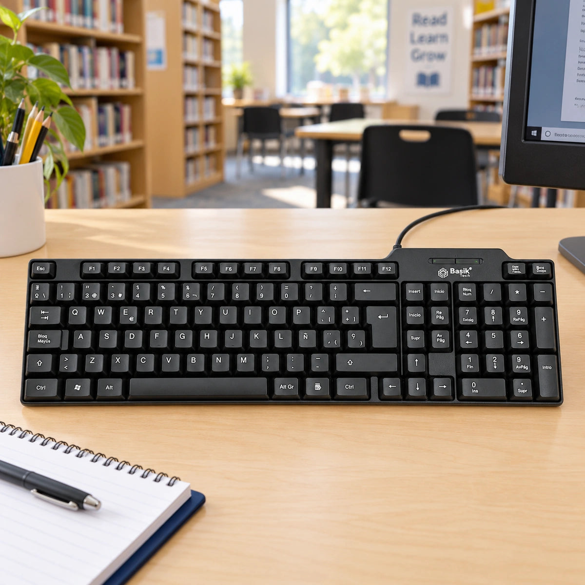 Teclado USB Basik Tech BSK08T Negro — escena de biblioteca escolar