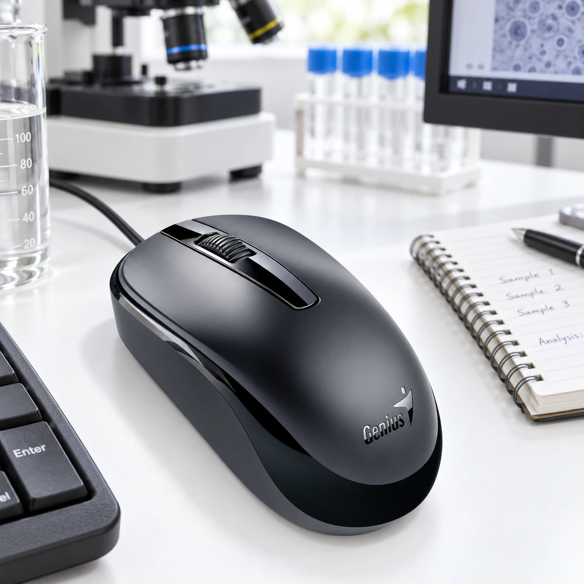 Mouse Alámbrico Genius DX-120 USB Negro 1200 DPI — escena de registro en laboratorio