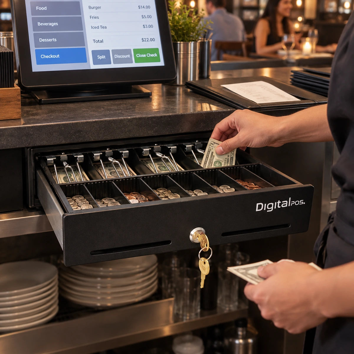 Cajón Monedero Digital POS DIG-330 4 Puestos Riel Metalico - lifestyle restaurant-counter - Media Factory POS