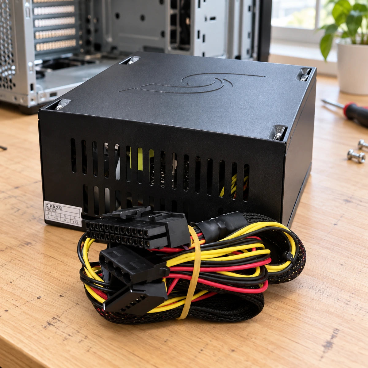 Fuente de poder ATX Unitec 750W para computador — fuente en mesa de reparación con cables apoyados