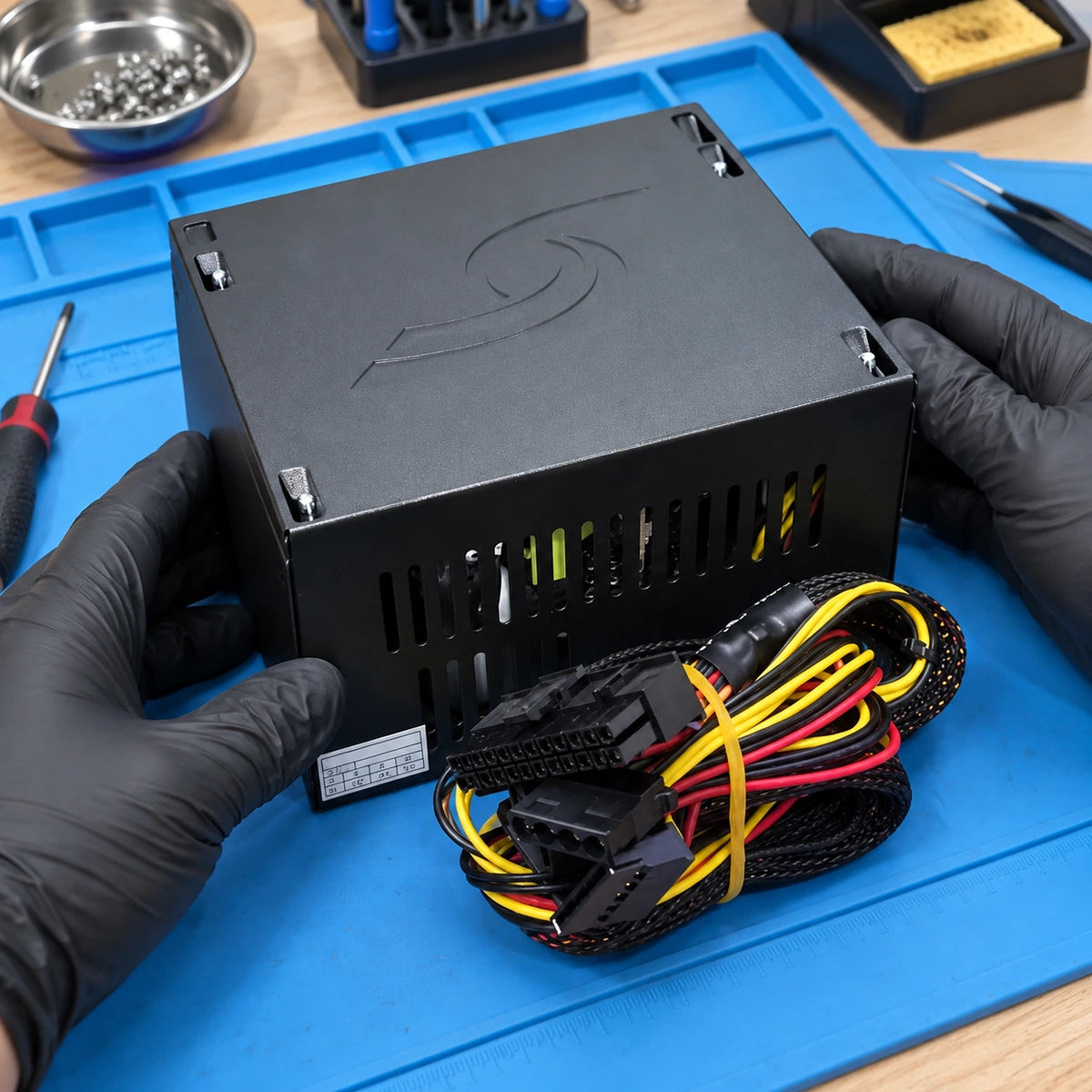 Fuente de poder ATX Unitec 750W para computador — vista elevada durante mantenimiento sobre tapete azul