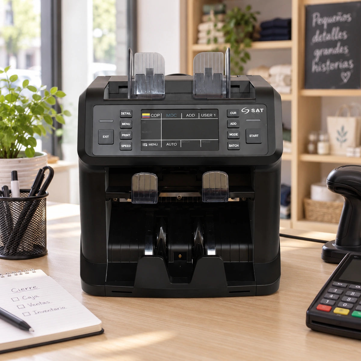 Contadora y Denominadora de Billetes SAT BC5130 — escena de cierre de caja en comercio