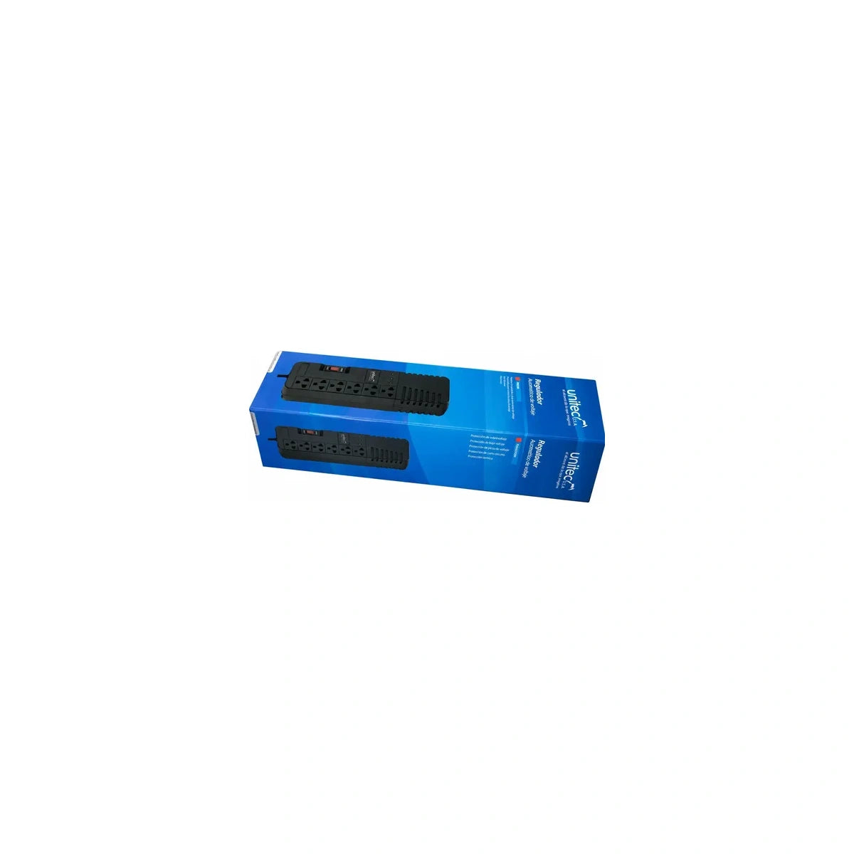 Regulador Unitec 990 VA de 6 tomas, 4 reguladas y 2 protegidas — empaque del proveedor