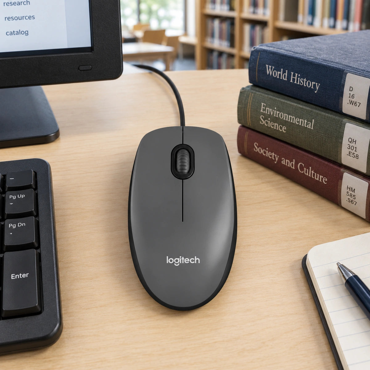 Mouse Logitech M90 negro — escena de consulta en biblioteca