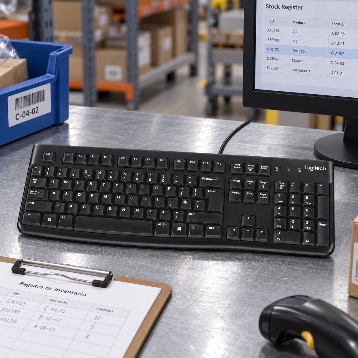 Teclado USB Logitech K120 Negro — escena de registro de almacén