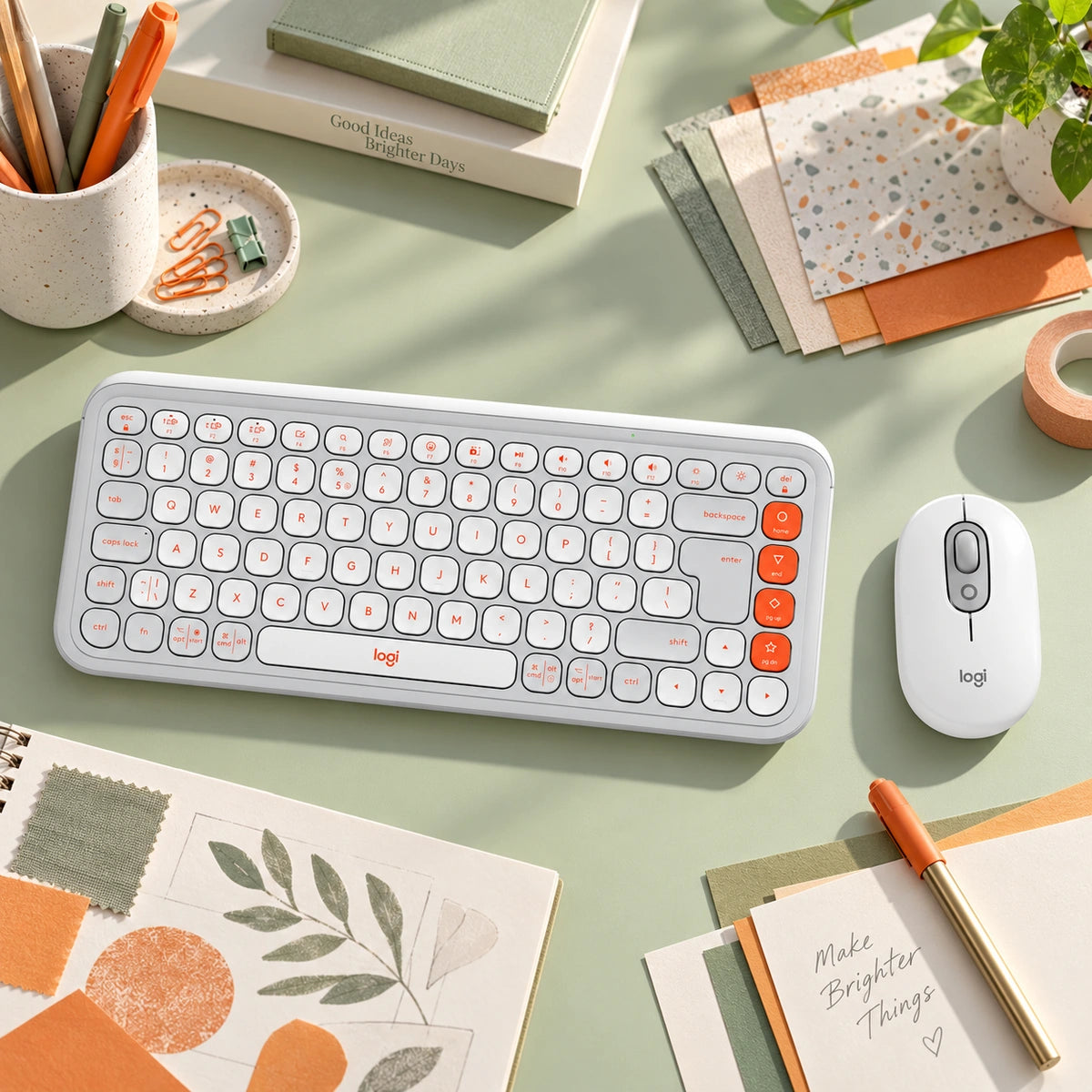 Combo Bluetooth Logitech POP Icon — escena de taller de papelería