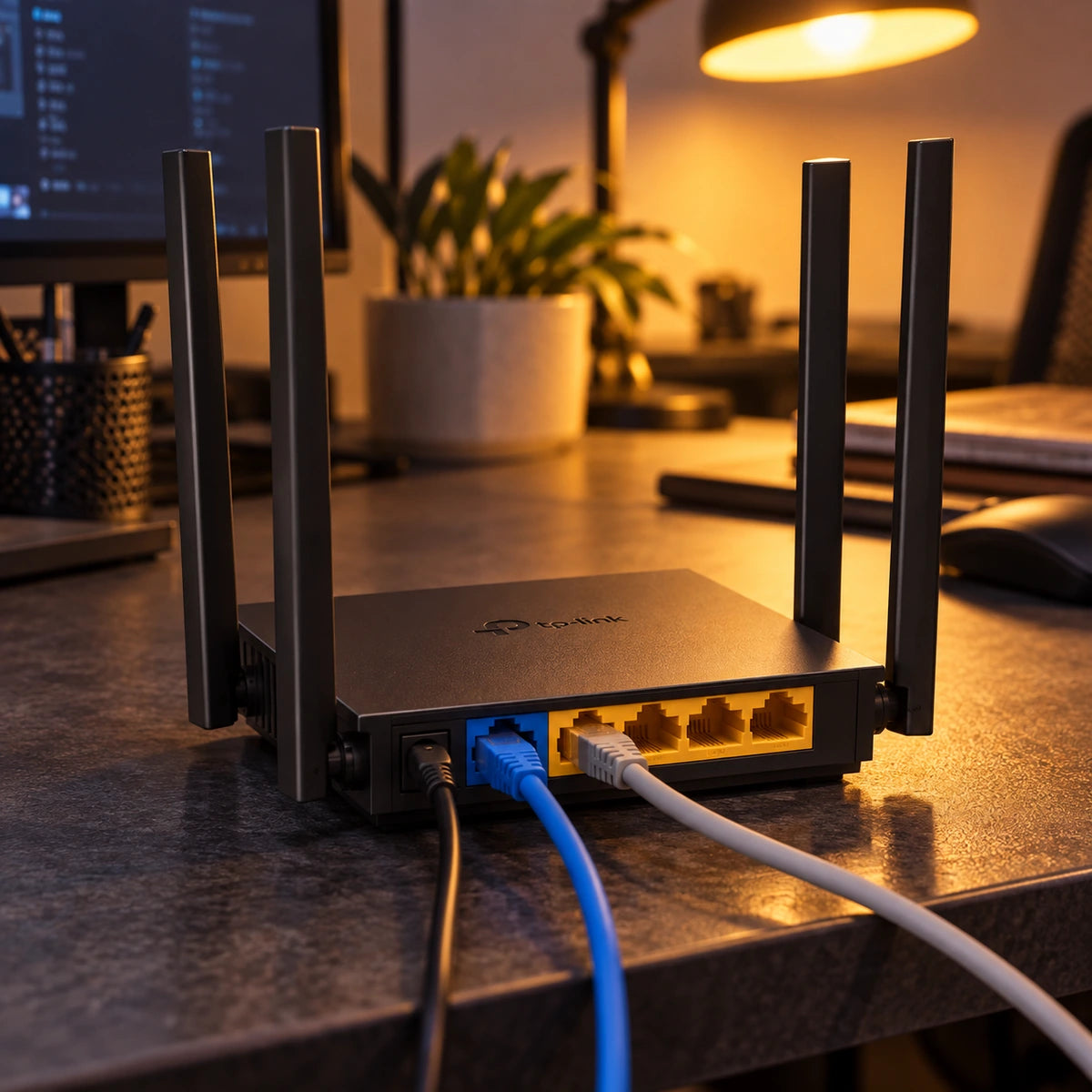 Router TP-Link Archer C50 AC1200 Wi-Fi doble banda — vista posterior conectada en una sala