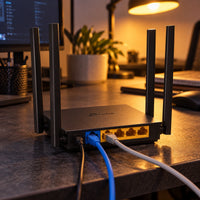 Router TP-Link Archer C50 AC1200 Wi-Fi doble banda — vista posterior conectada en una sala