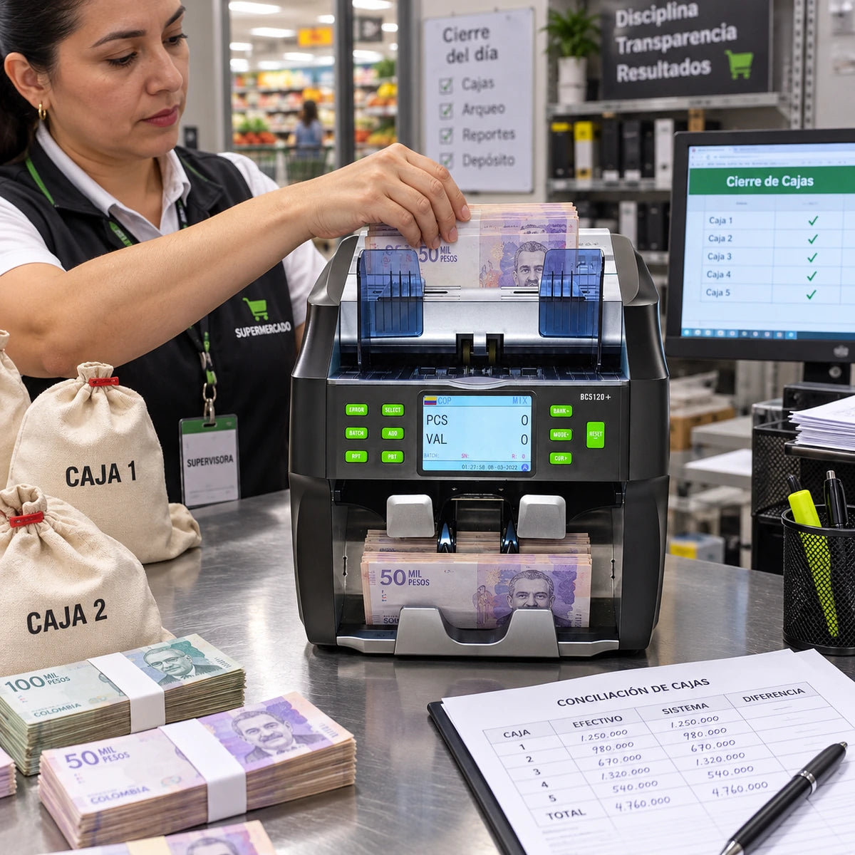 Contadora y Denominadora Clasificadora de Billetes Sat BC5120 - lifestyle supermarket-closing - Media Factory POS