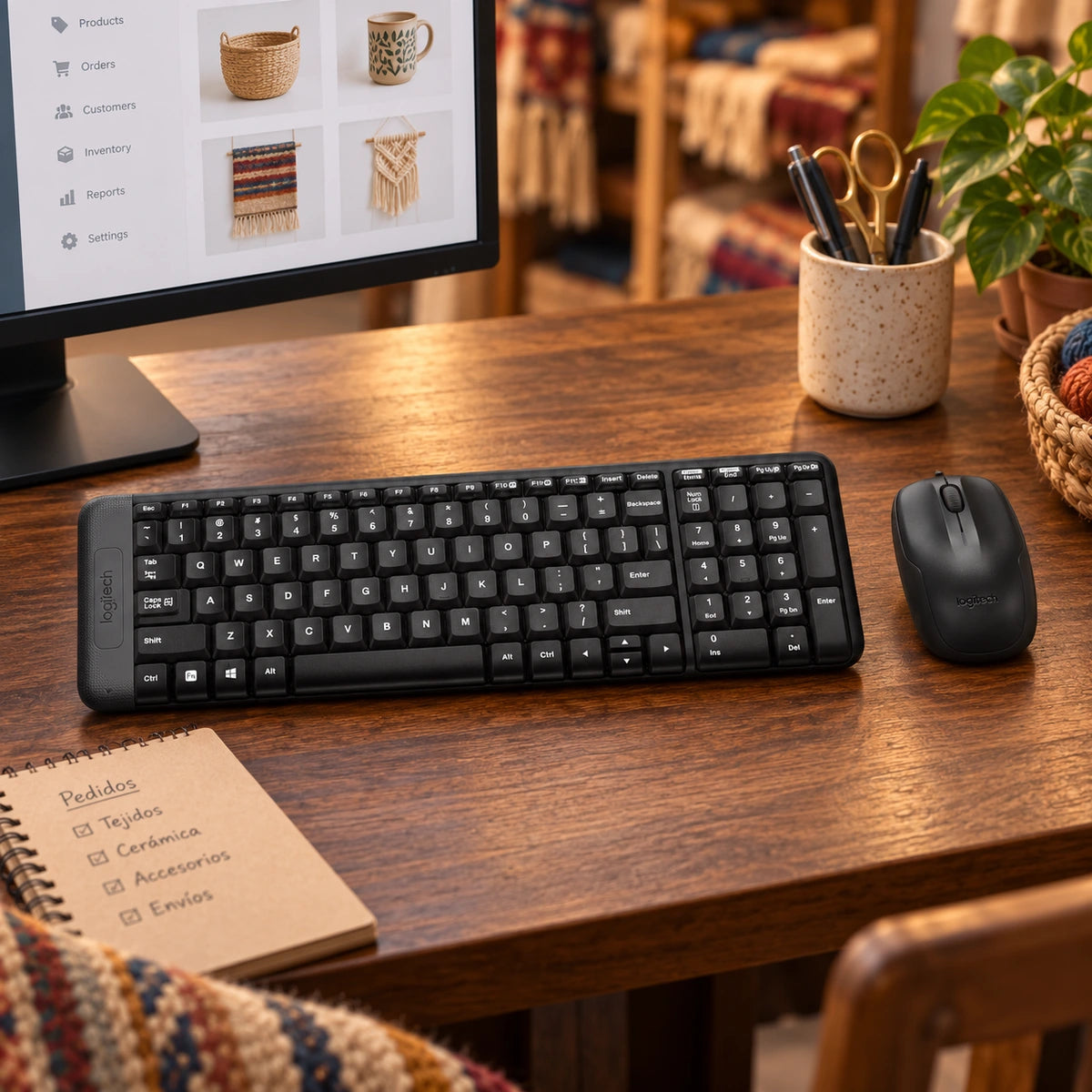 Combo Inalámbrico Compacto Logitech MK220 — escena de administración de taller artesanal