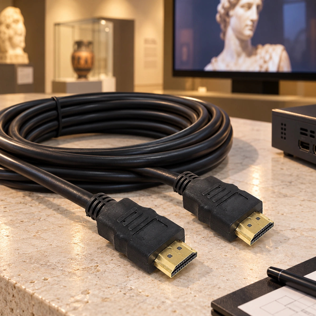 Cable HDMI Basik Tech 5 metros — escena de preparación audiovisual en museo