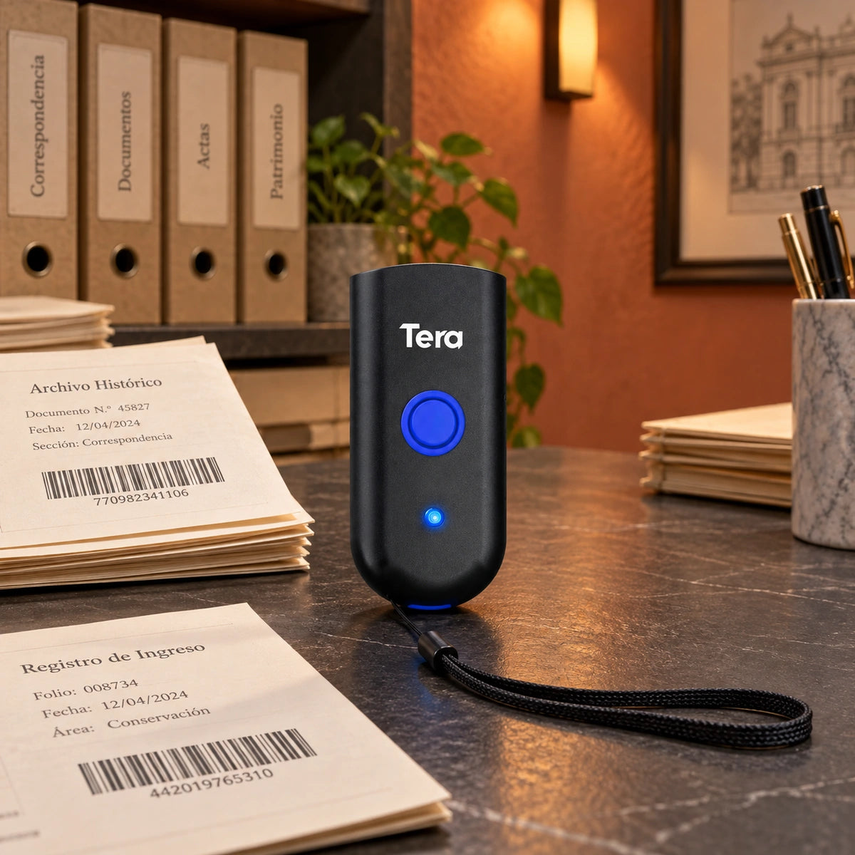 Lector de Códigos de Barra Portátil Mini Inalámbrico 2.4 Bluetooth Tera 1100L — tercera escena de uso en un ambiente editorial distinto