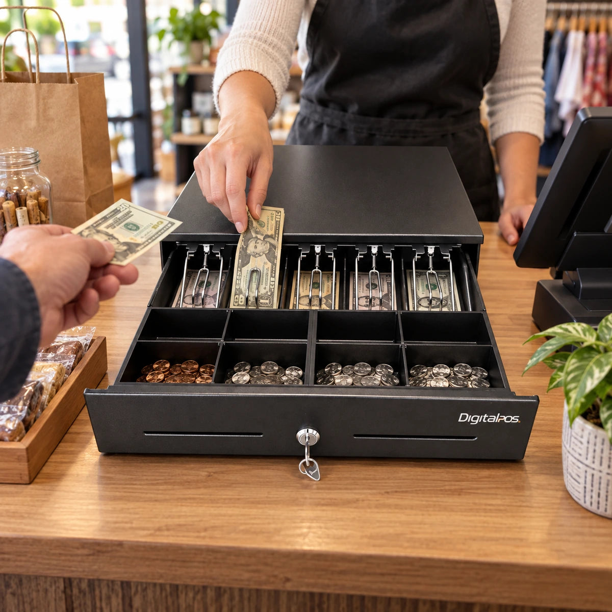 Cajón Monedero Digital POS Eco KR-410 5 Puestos Riel Pasta - lifestyle retail-cashier - Media Factory POS