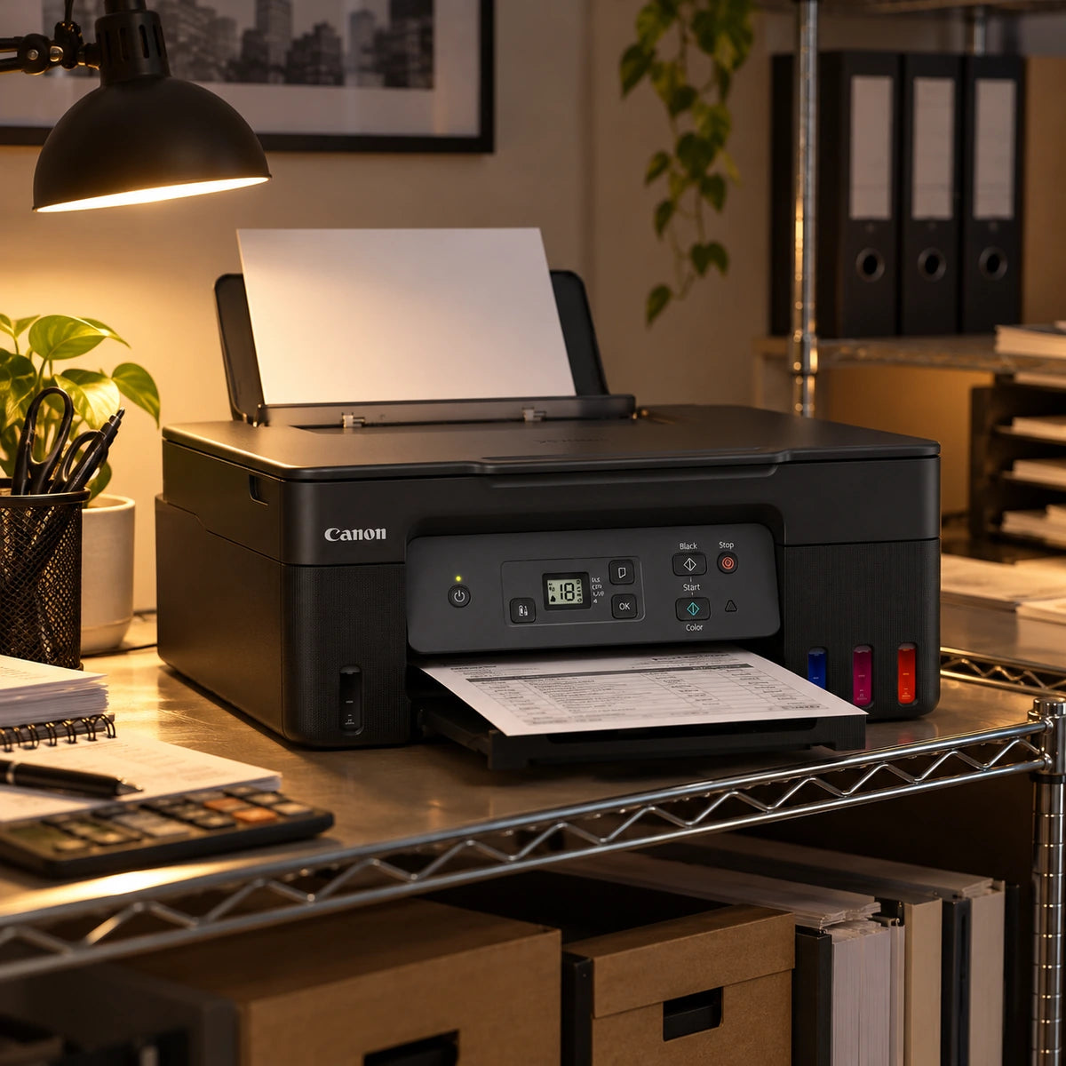 Impresora Canon PIXMA G2170 MegaTank multifuncional USB — documentos en una oficina contable
