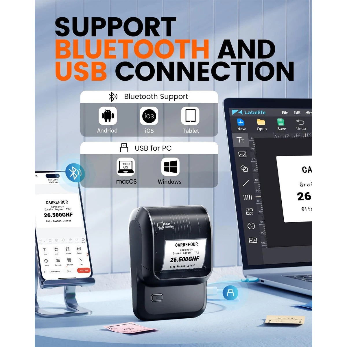 Impresora Portátil POS Térmica Directa 3 en 1 58 mm M100 Bluetooth (Imprime Tirilla y Etiqueta) - referencia visual real connectivity - Media Factory POS