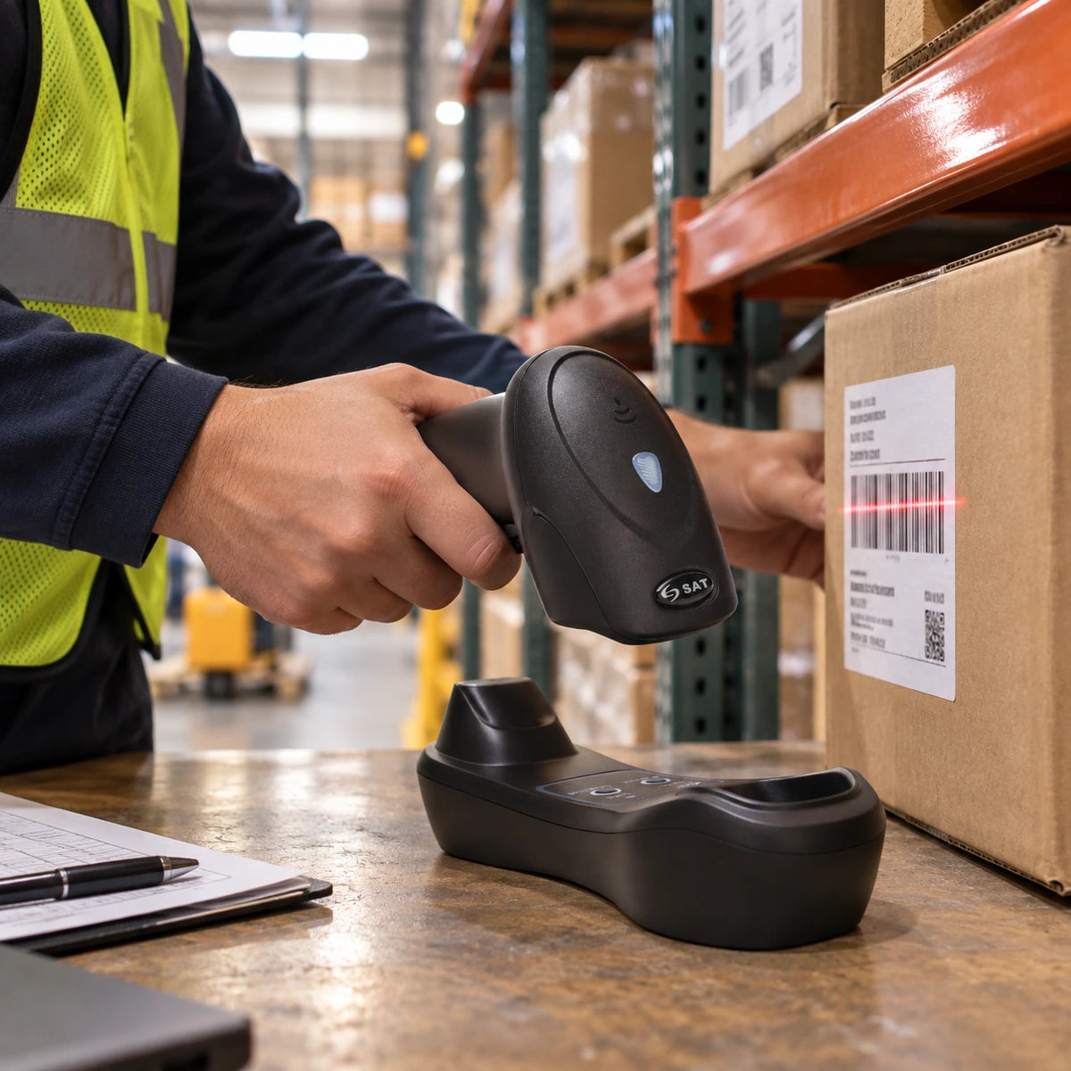 Lector de Código de Barras 1D/2D QR Inalámbrico Sar AI202W+1 con Base Bluetooth - lifestyle warehouse-inventory - Media Factory POS