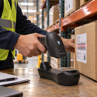 Lector de Código de Barras 1D/2D QR Inalámbrico Sar AI202W+1 con Base Bluetooth - lifestyle warehouse-inventory - Media Factory POS