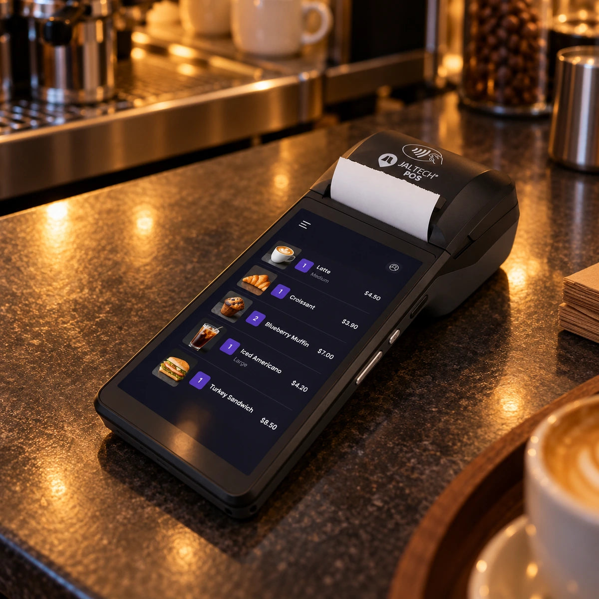 Terminal móvil Jaltech JAL POS T-1 NFC Android con impresora — terminal sobre el mostrador de una cafetería