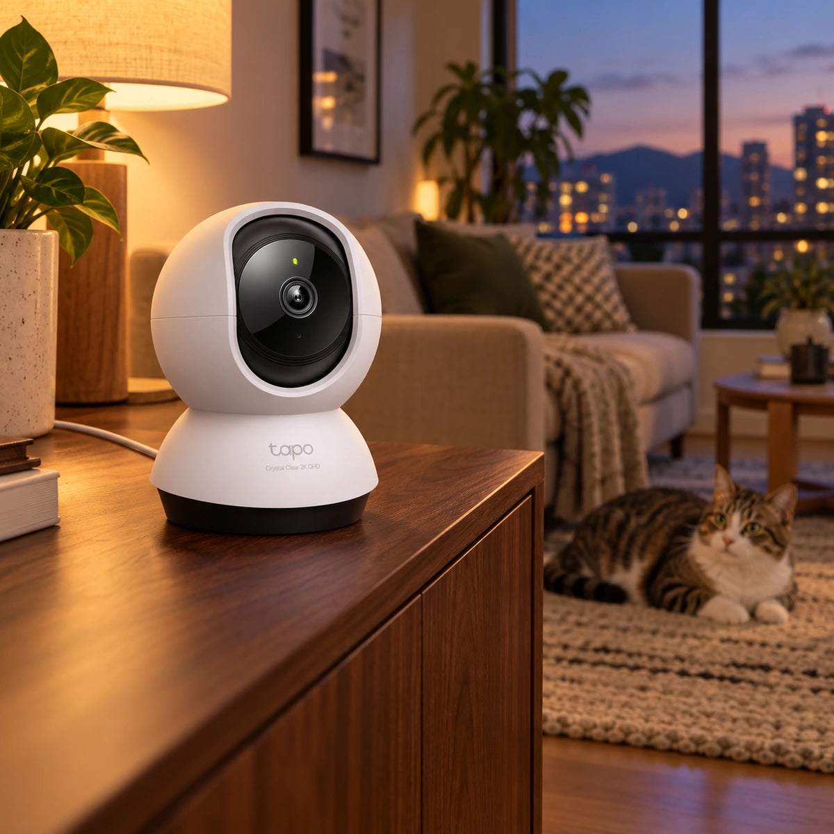 Cámara Wi-Fi TP-Link Tapo C220 4MP 2K QHD para interior — vigilancia de una mascota en un apartamento al anochecer