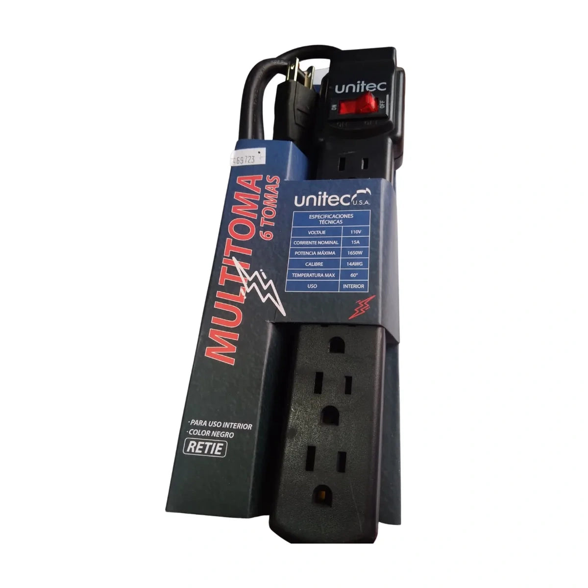 Multitoma Unitec de 6 tomas con cable de 3 metros — vista técnica 1