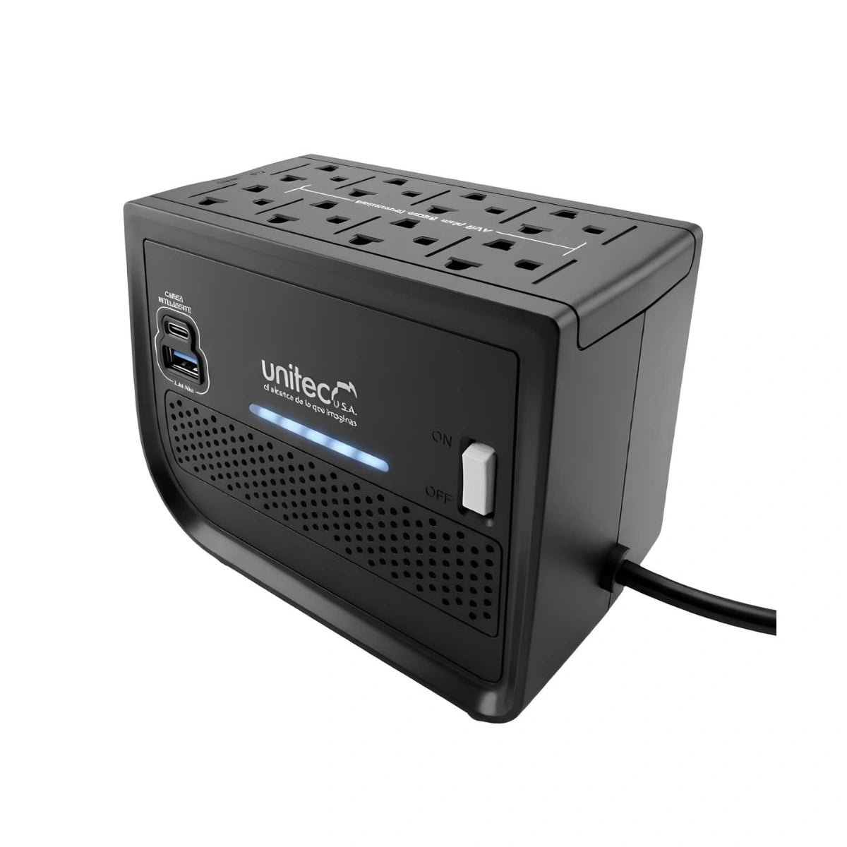 Regulador Unitec I-682 1600 VA 800 W con USB y USB-C — fotografía técnica real 1