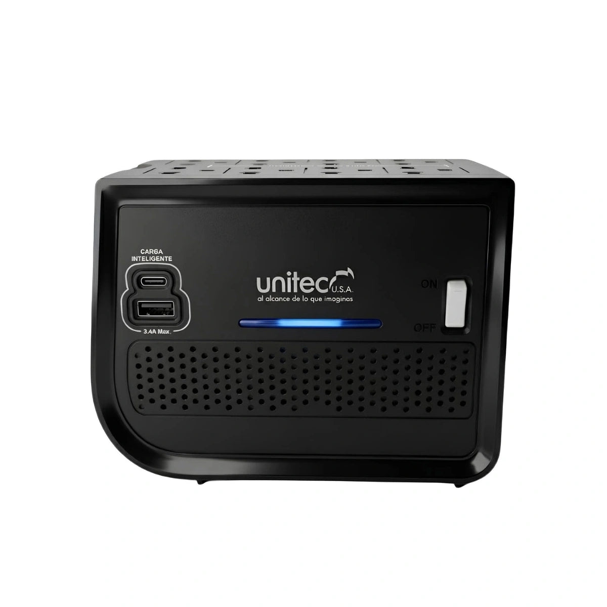Regulador Unitec I-682 1600 VA 800 W con USB y USB-C — fotografía técnica real 3