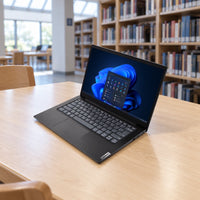 Lenovo V14 G4 black, US layout — escena de biblioteca