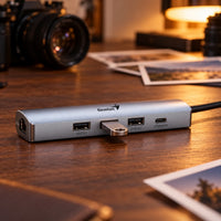 Hub Genius UH-545 USB-C 5 en 1 con Ethernet Gigabit — vista lateral del hub con una memoria USB