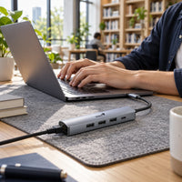 Hub Genius UH-545 USB-C 5 en 1 con Ethernet Gigabit — uso del hub en un espacio de trabajo compartido