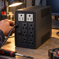 UPS Forza BT-1001 1000VA 600W de 8 tomas 120V — conexiones posteriores en una mesa de mantenimiento