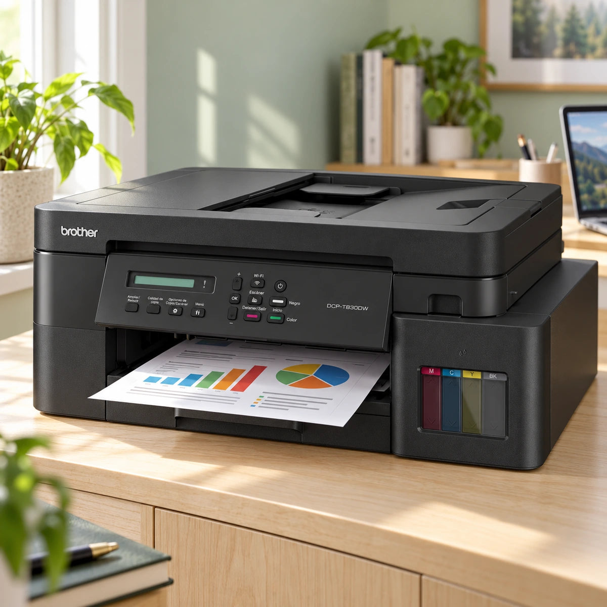 Impresora Brother DCP-T830DW Wi-Fi dúplex con ADF — impresión en un estudio doméstico