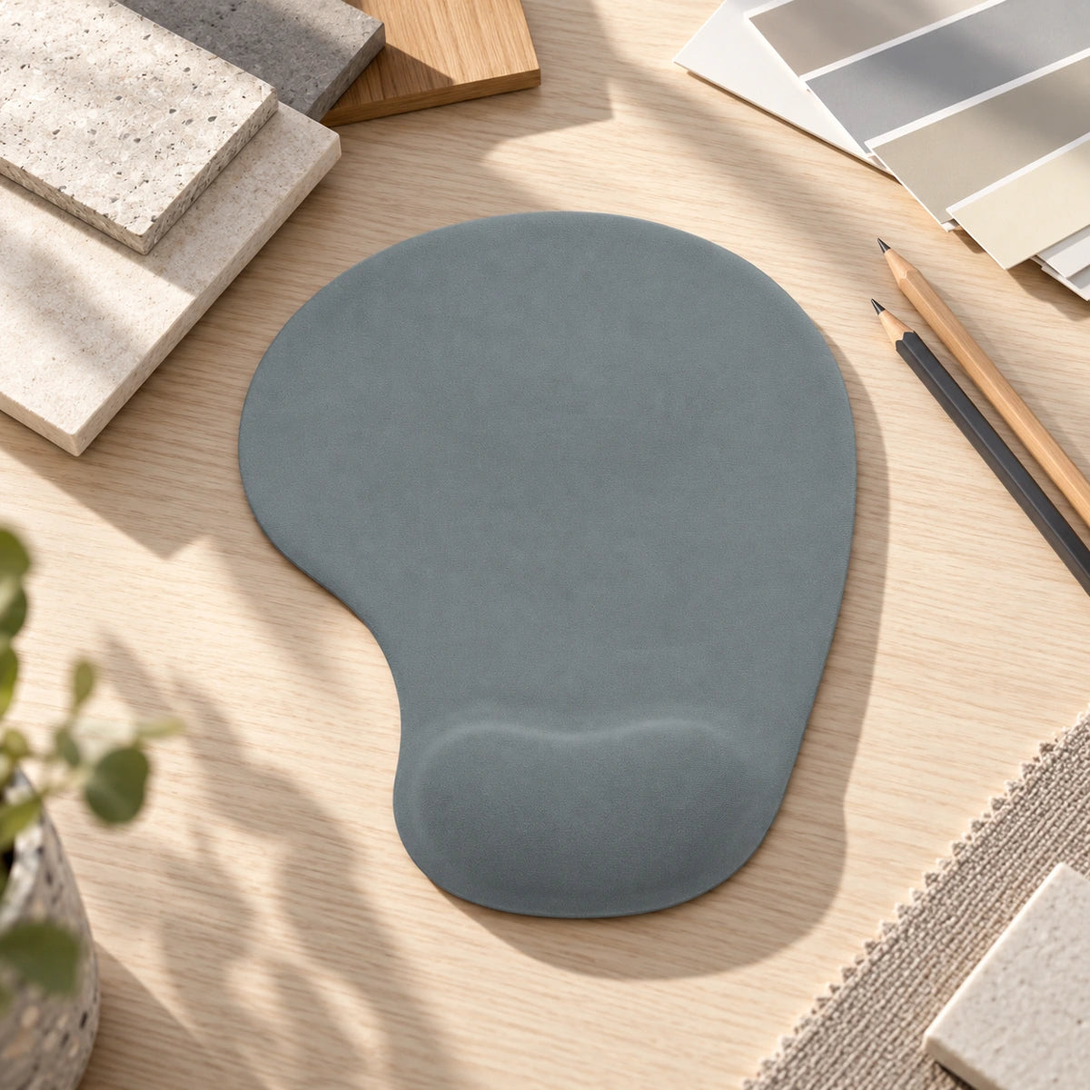 Basik BSK304 gray gel wrist pad — escena de muestrario de arquitectura