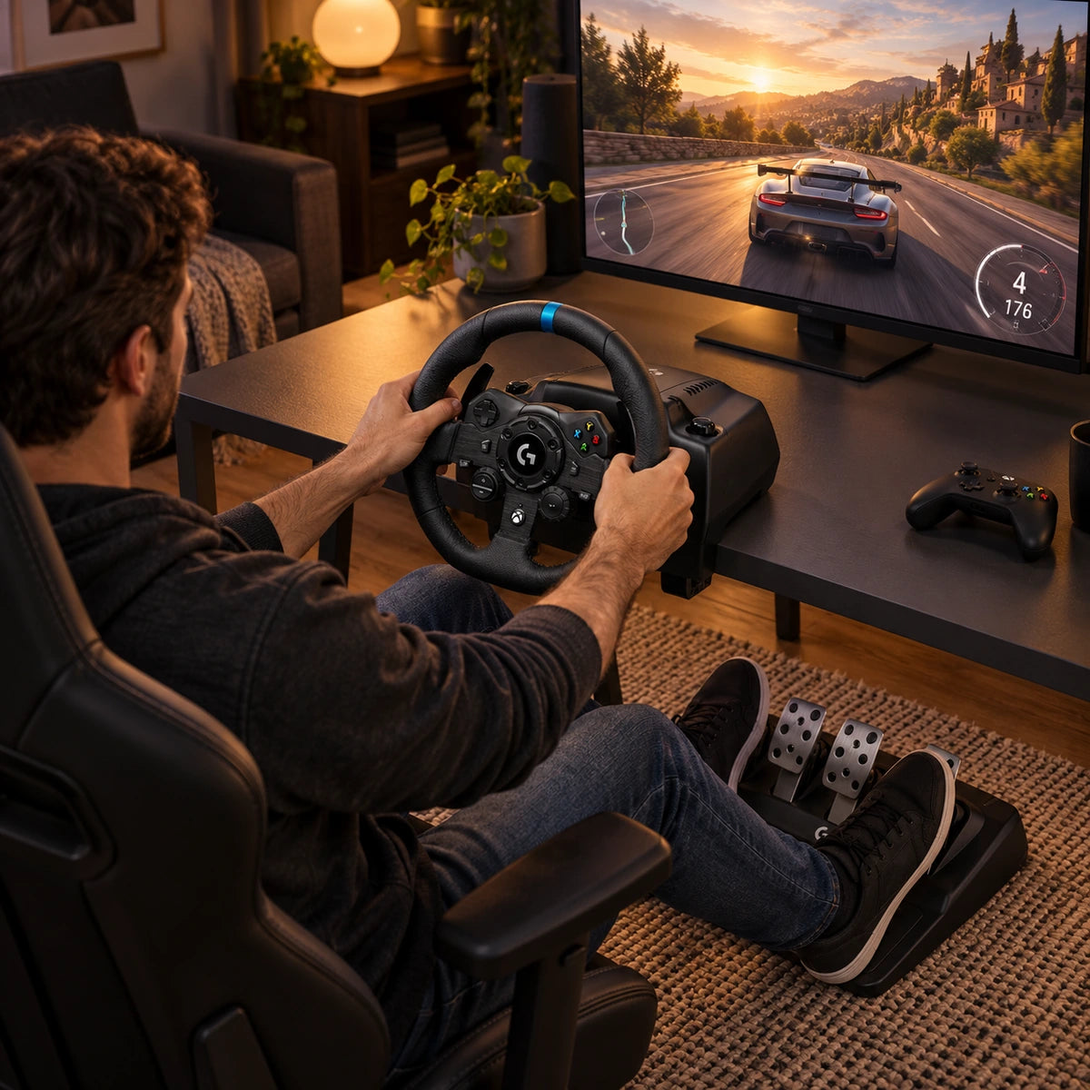 Volante Logitech G923 TRUEFORCE Xbox y PC con pedales — montaje de simulación en una sala de entretenimiento