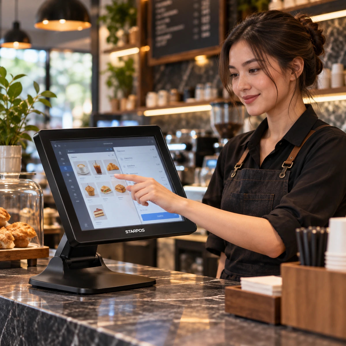 Computador POS Star POS Z156W Core i5 7ª 8GB SSD 256GB — uso táctil por una operadora de cafetería