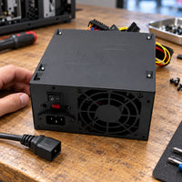 Fuente de poder ATX Unitec referencia 750W negra — fuente negra sobre banco de reparación