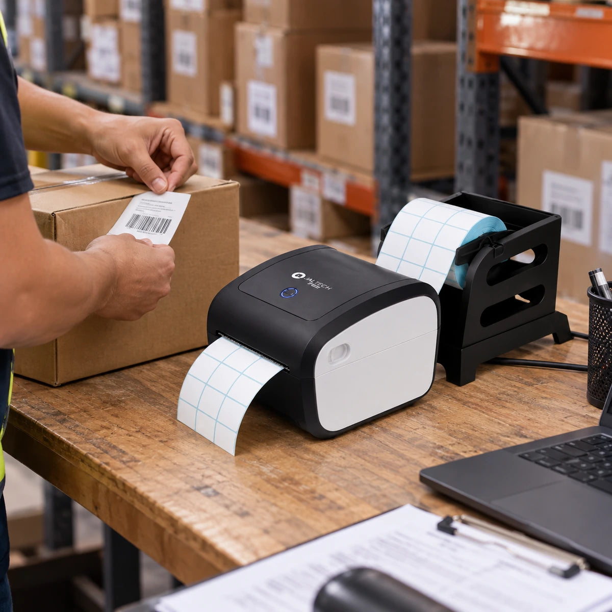 Impresora de Etiqueta POS Térmica Jaltech Jal- POS423 100 mm USB LAN + Soporte Externo - lifestyle warehouse-labeling - Media Factory POS