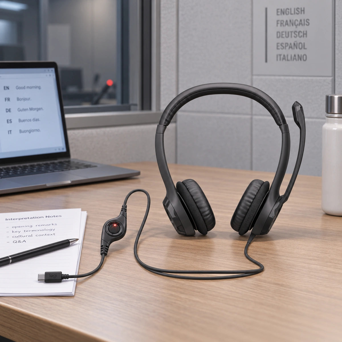 Diadema Logitech H390 USB-C negra — escena de trabajo en cabina de interpretación