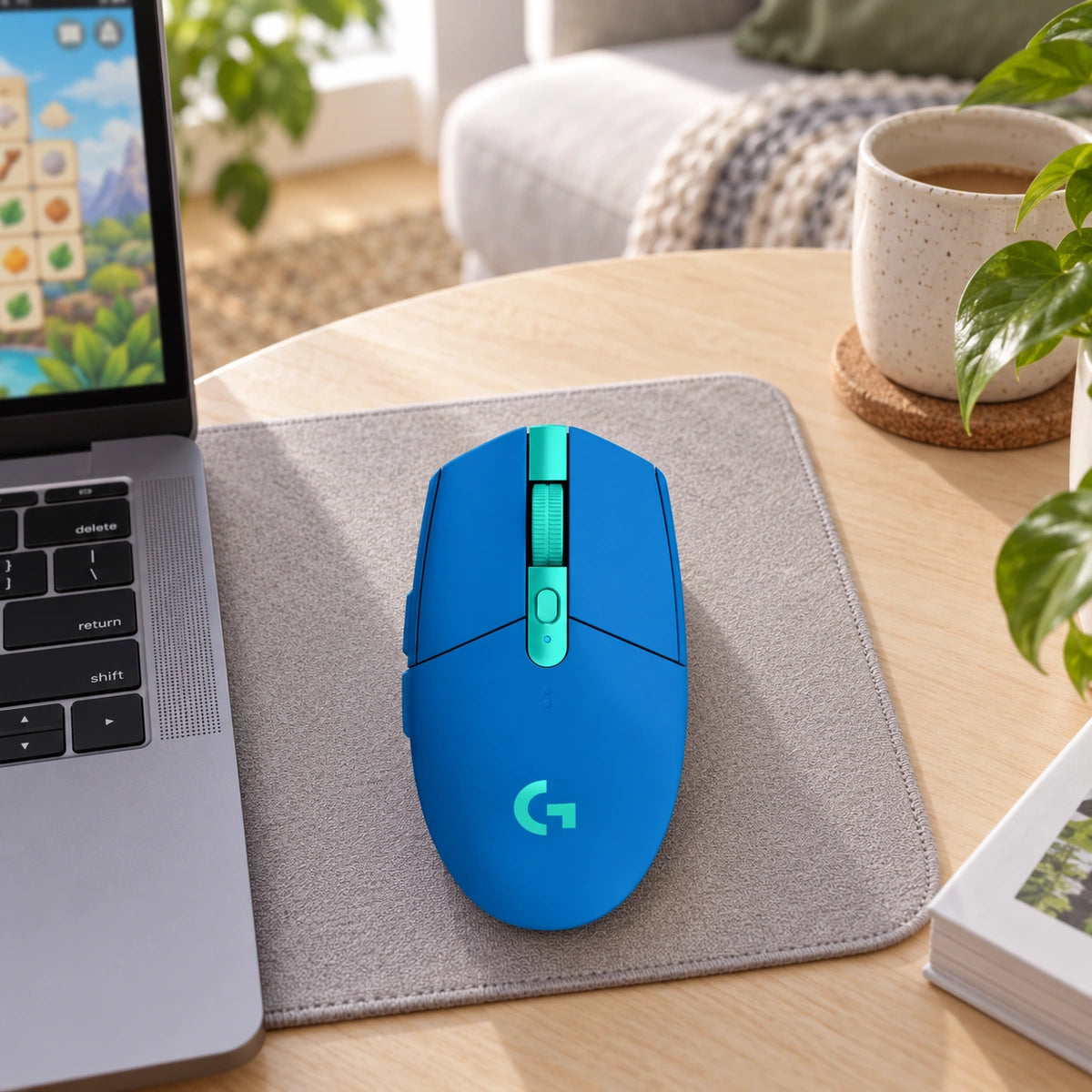 Mouse Logitech G305 LIGHTSPEED azul — escena de juego casual en sala