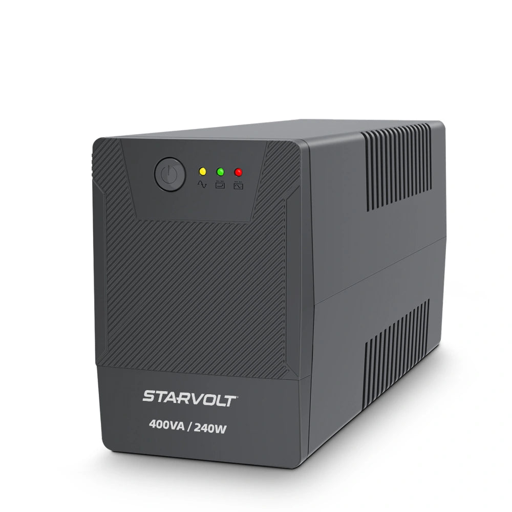 UPS STARVOLT interactiva 400 VA / 240 W, 6 tomas — frontal y lateral sobre fondo blanco