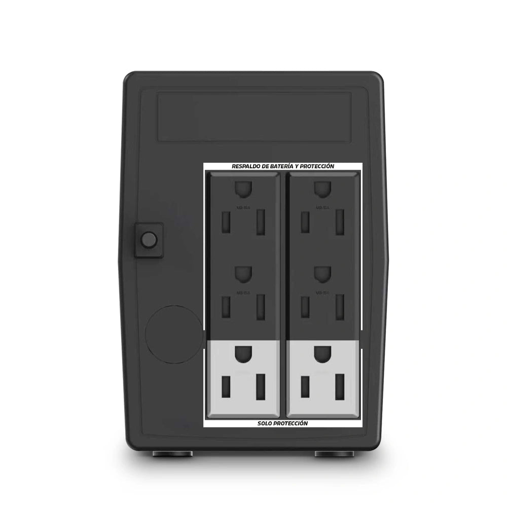 UPS STARVOLT interactiva 400 VA / 240 W, 6 tomas — vista posterior del proveedor, distribución de tomas