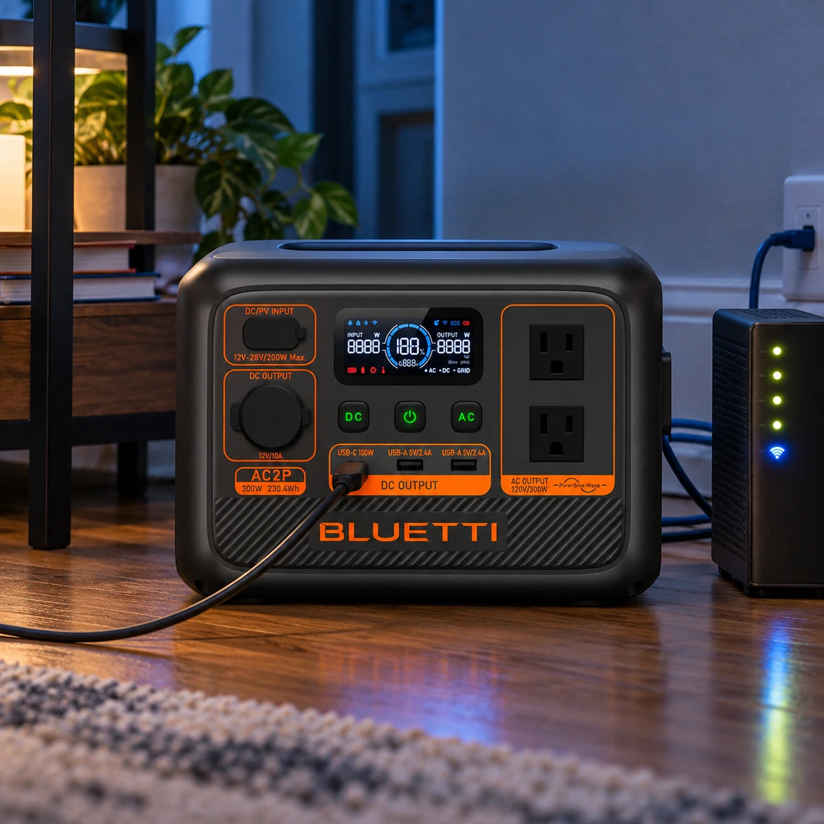 Estación de energía BLUETTI AC2P 300W 230,4Wh 120V — estación junto a un espacio de trabajo doméstico