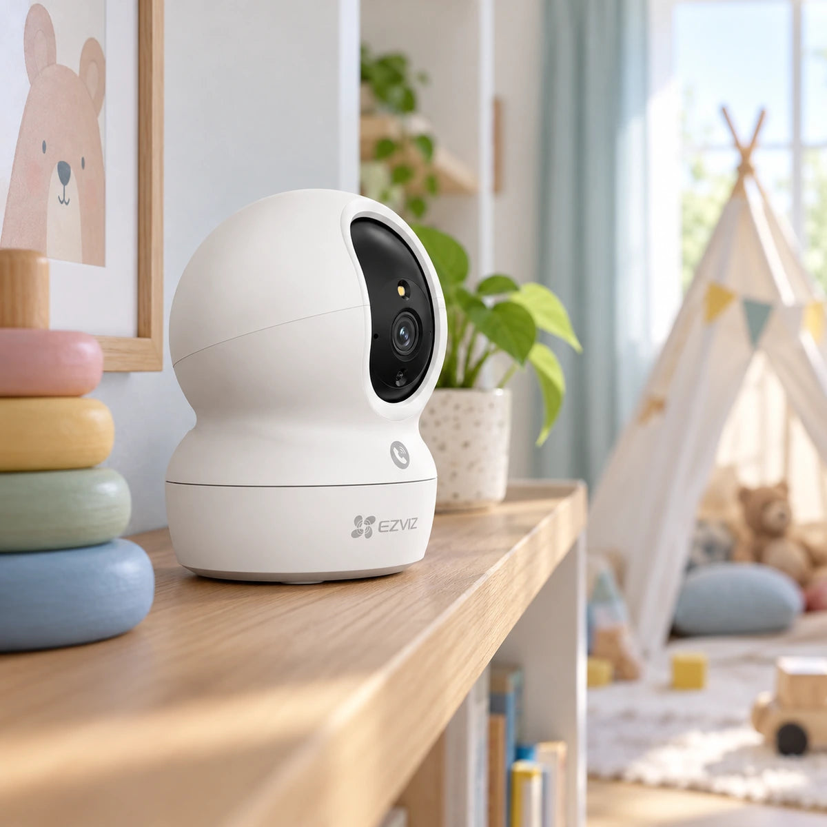 Cámara EZVIZ CP1 Pro 2K+ 4MP Wi-Fi doble banda interior — vista lateral sobre una repisa