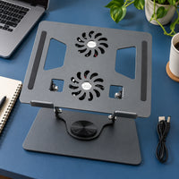 Soporte metálico giratorio 360° para portátil con dos ventiladores — plataforma y ventiladores vistos desde arriba