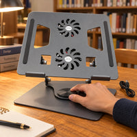 Soporte metálico giratorio 360° para portátil con dos ventiladores — ajuste de la base giratoria en biblioteca