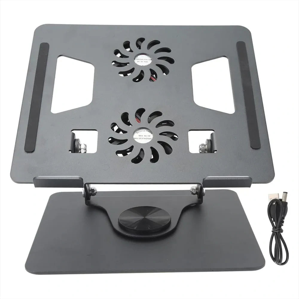 Soporte metálico giratorio 360° para portátil con dos ventiladores — vista técnica 1