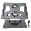 Soporte metálico giratorio 360° para portátil con dos ventiladores — vista técnica 1