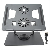 Soporte metálico giratorio 360° para portátil con dos ventiladores — vista técnica 1