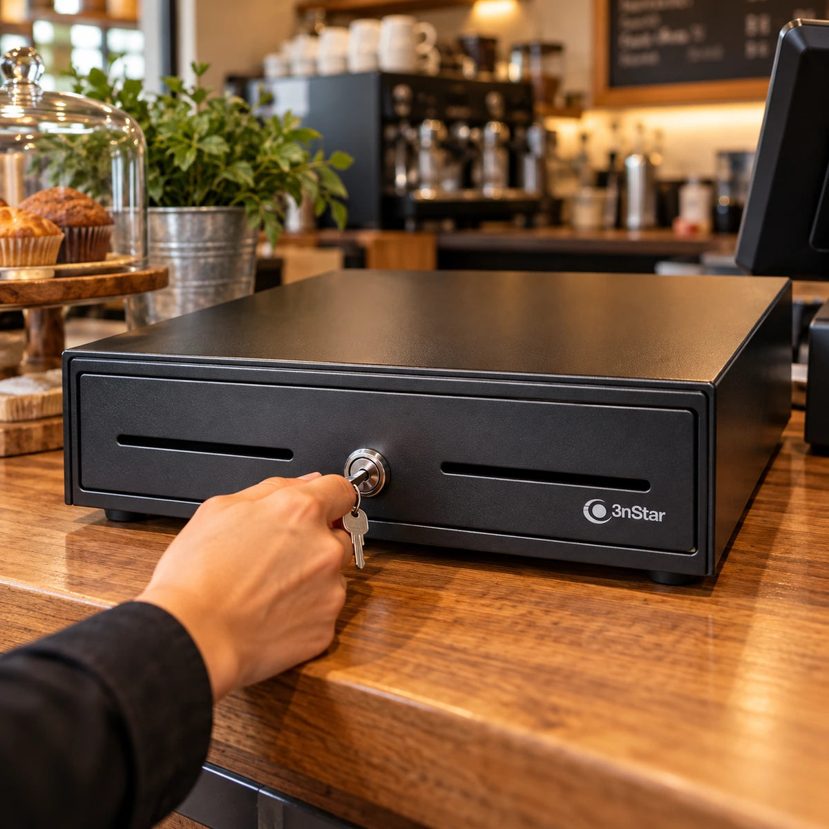 Cajón monedero 3nStar CD250 negro RJ11 de 4 billetes y 8 monedas — apertura con llave en una cafetería